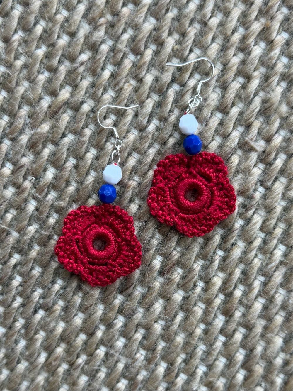 Hand Crafted Red Crochet Flower Earrings with Blue and White Bead Accents